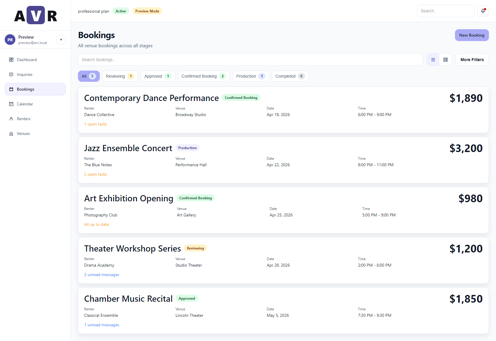 AVR bookings view